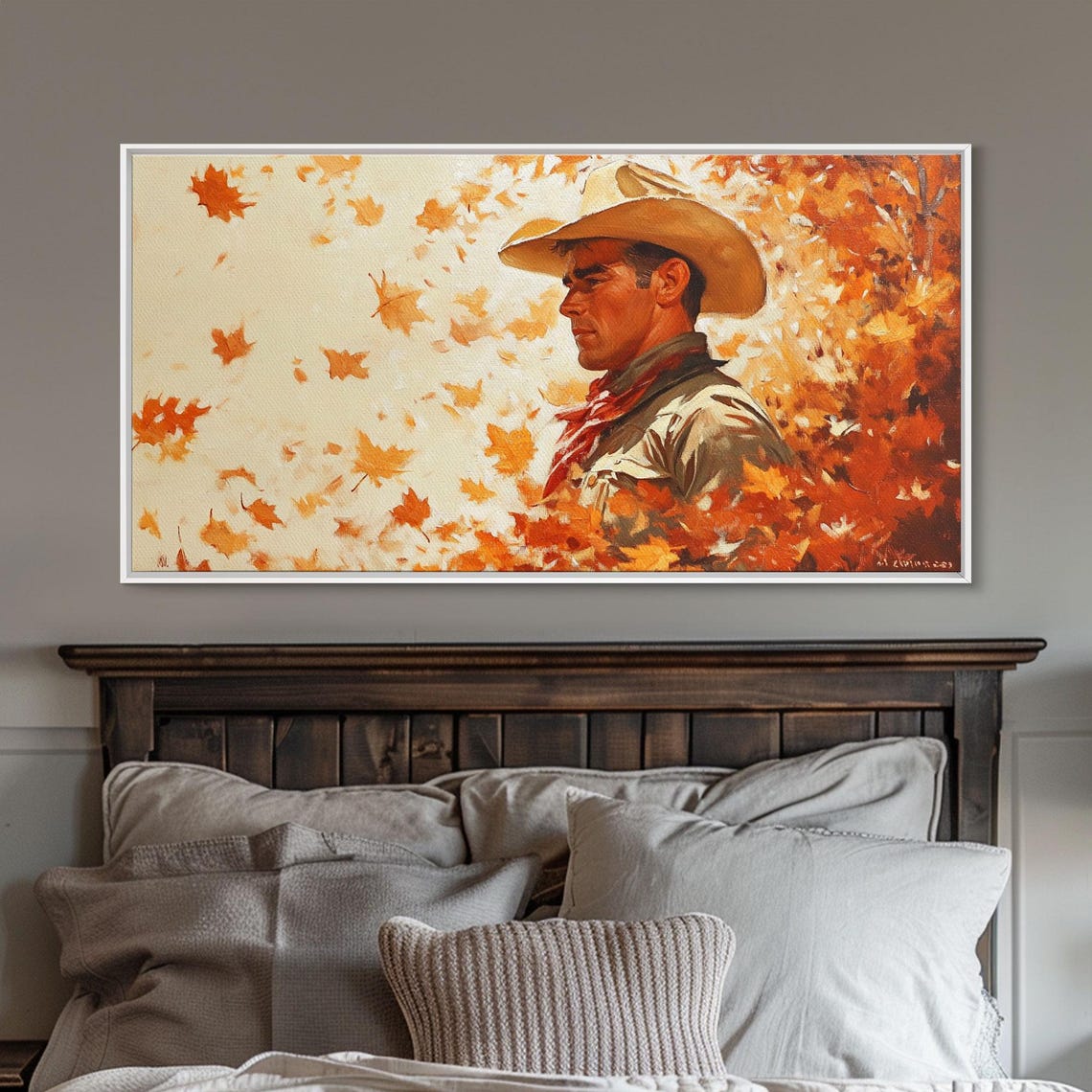 Vintage Cowboy Portrait Surrounded By Falling Autumn Leaves Print - Image 6