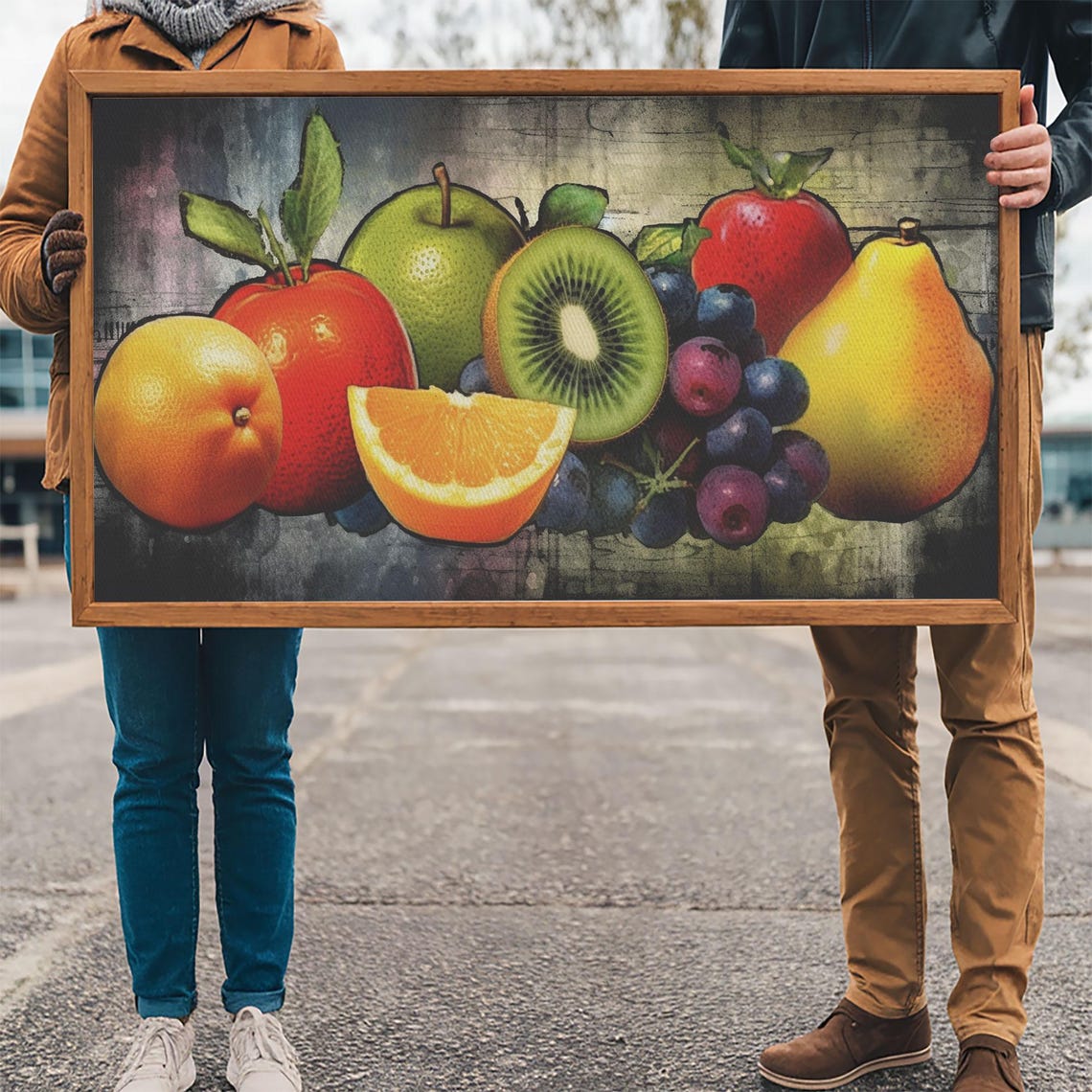 Colorful Fruit Still Life Painting Apples Orange Kiwi Rustic Print - Image 3