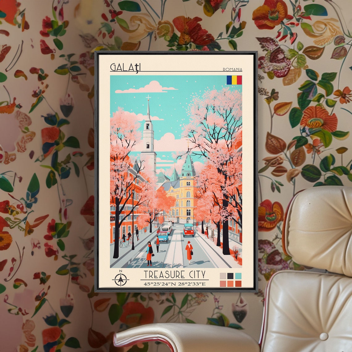 Galati Romania Pink Blossom Avenue Church Spire Spring View Poster - Image 3