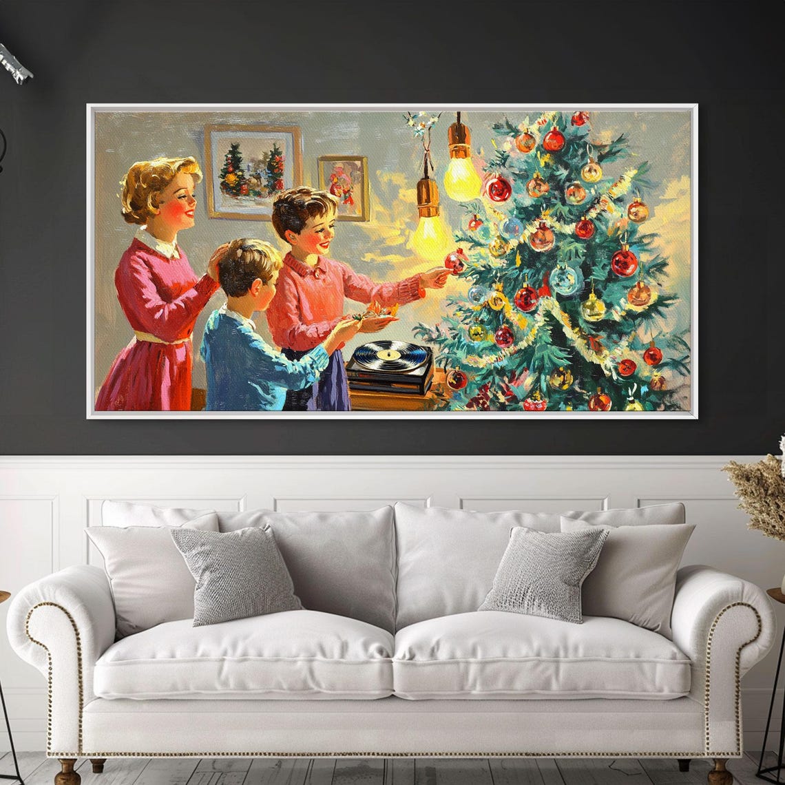 Retro Family Decorating A Bright Christmas Tree Together Art Print - Image 5