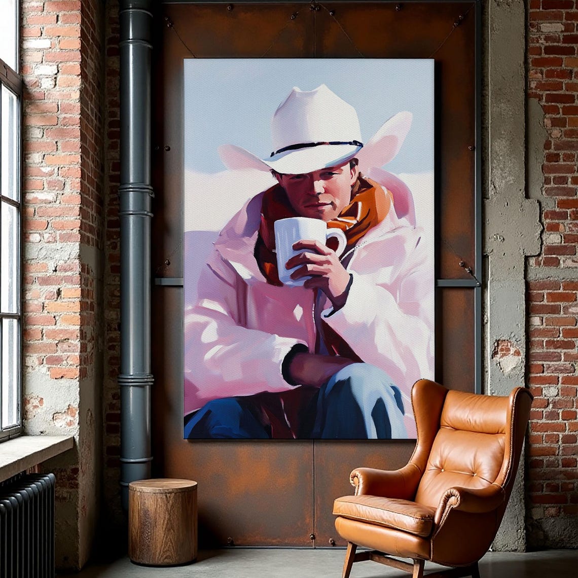 Cowboy In White Hat Holding White Mug Bright Snowy Winter Art Poster - Image 3