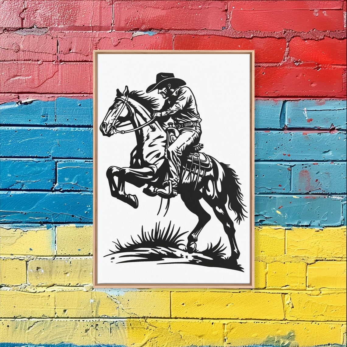 Classic Cowboy Riding Horse With Reins Black White Line Art Poster