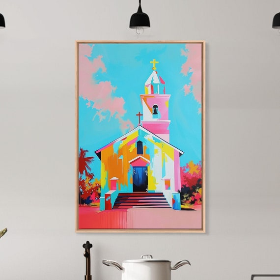Vibrant Church Art In Pastel Hues Framed Print Colorful Religious Decor Contemporary Church Wall Art For Living Room Or Bedroom