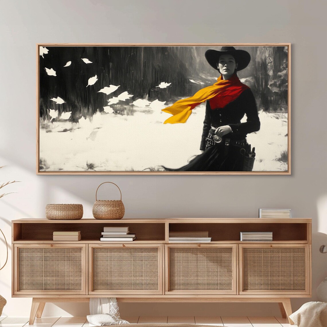 Black And White Cowgirl With A Red Scarf In The Snow Art Print - Image 6