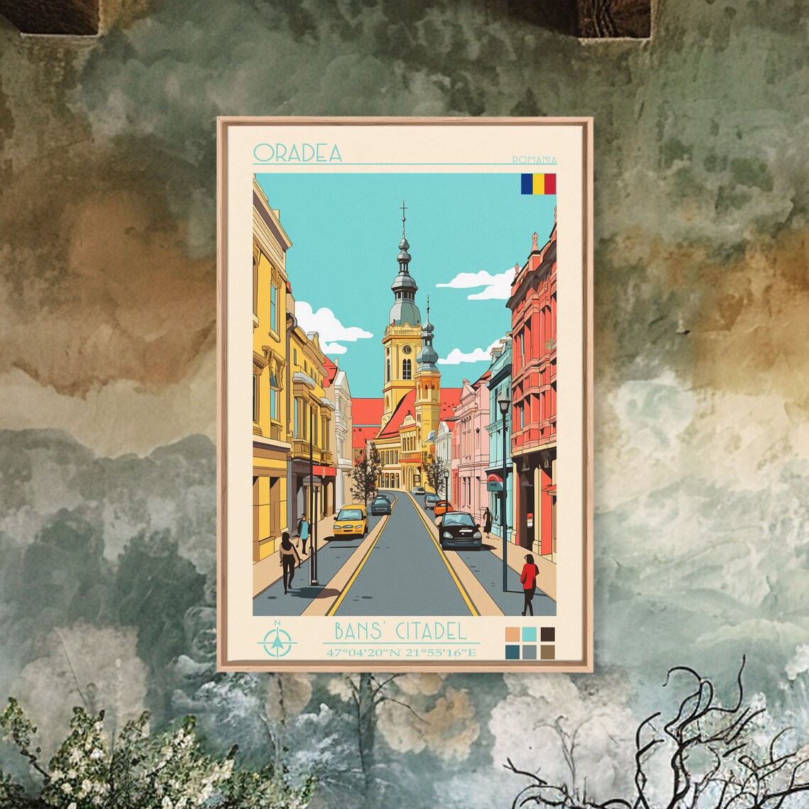 Oradea Romania Colorful Old Town Street Church Tower Travel Poster - Image 4