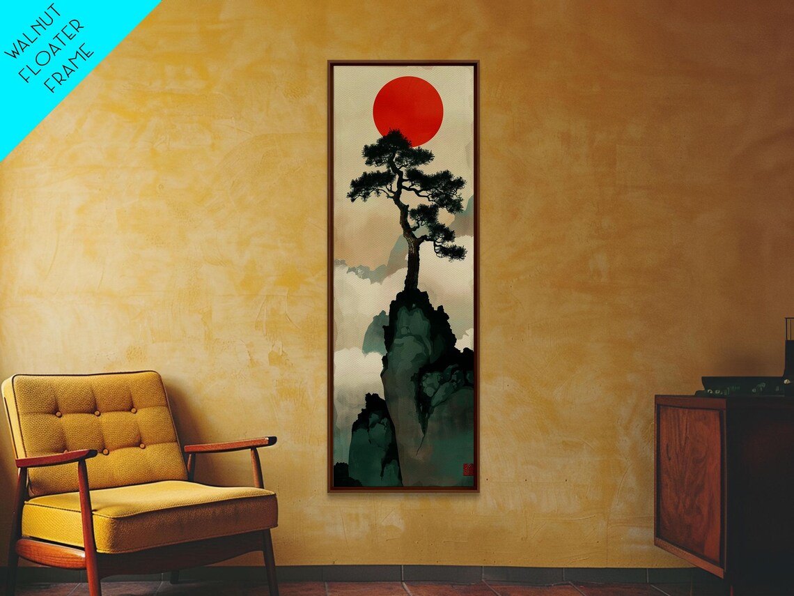 Bonsai Tree Mountain Red Sun Japanese Tall Wall Art Skinny Framed Print Ukiyo E Style - Image 6