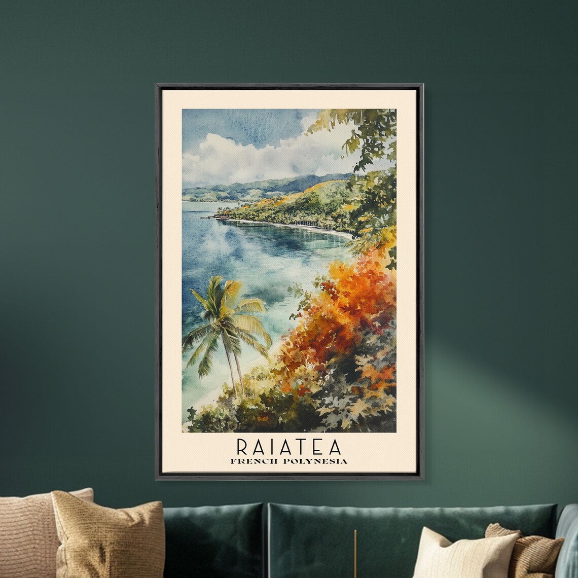 Raiatea French Polynesia Tropical Lagoon Hillside View Palm Trees Watercolor Poster - Image 5