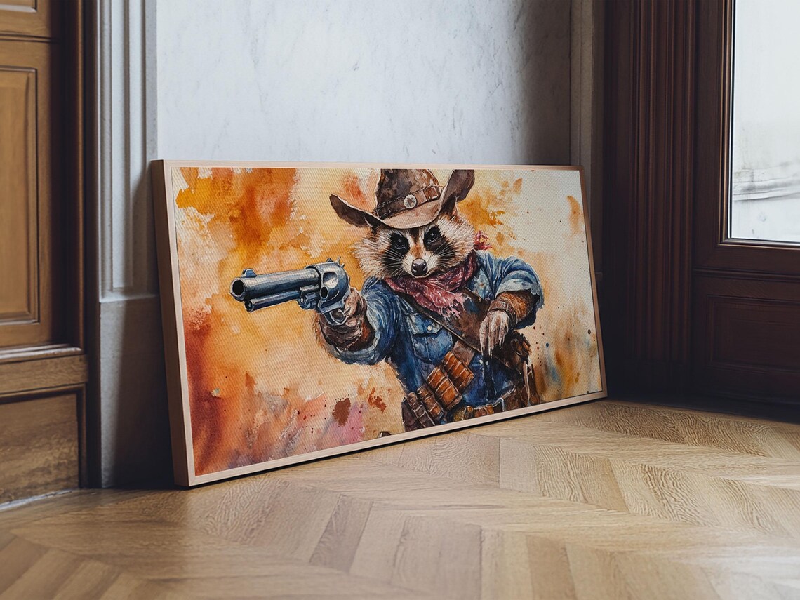 Raccoon Cowboy With Revolver Western Watercolor Animal Painting Print - Image 3
