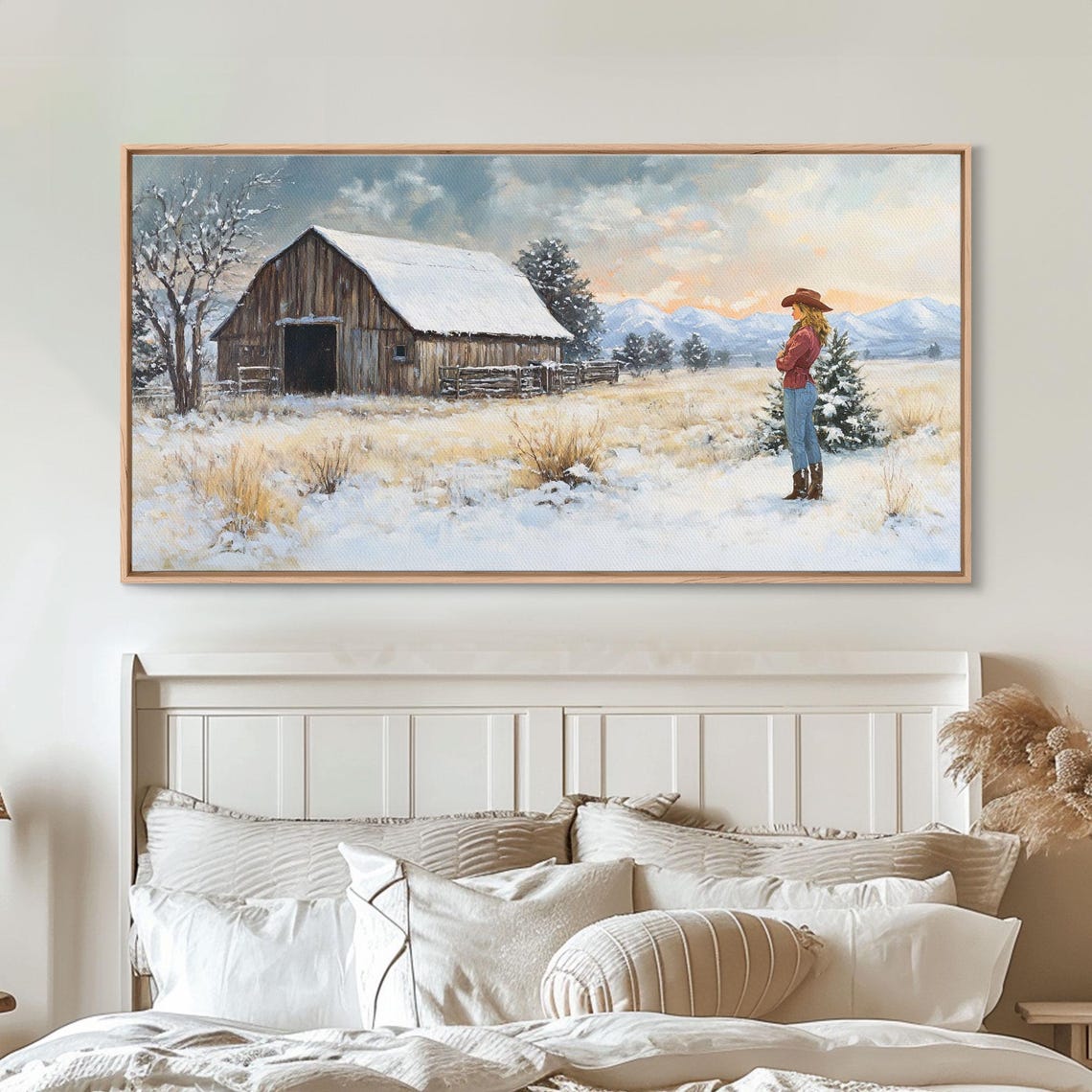 Cowgirl By Snowy Barn In Winter Pasture Mountain Sunrise Art Poster - Image 6