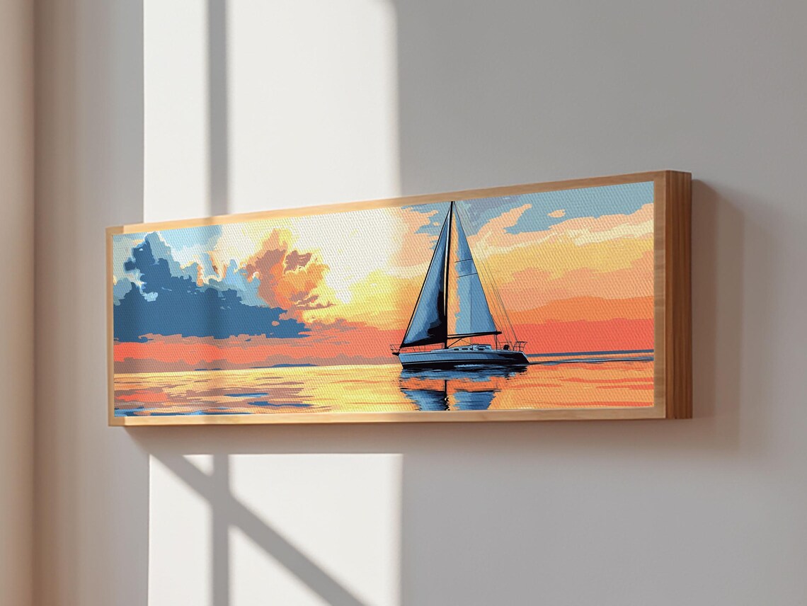 Retro Sailboat Sunset Pop Art Seascape Painting Calm Ocean Golden Sky Poster - Image 4
