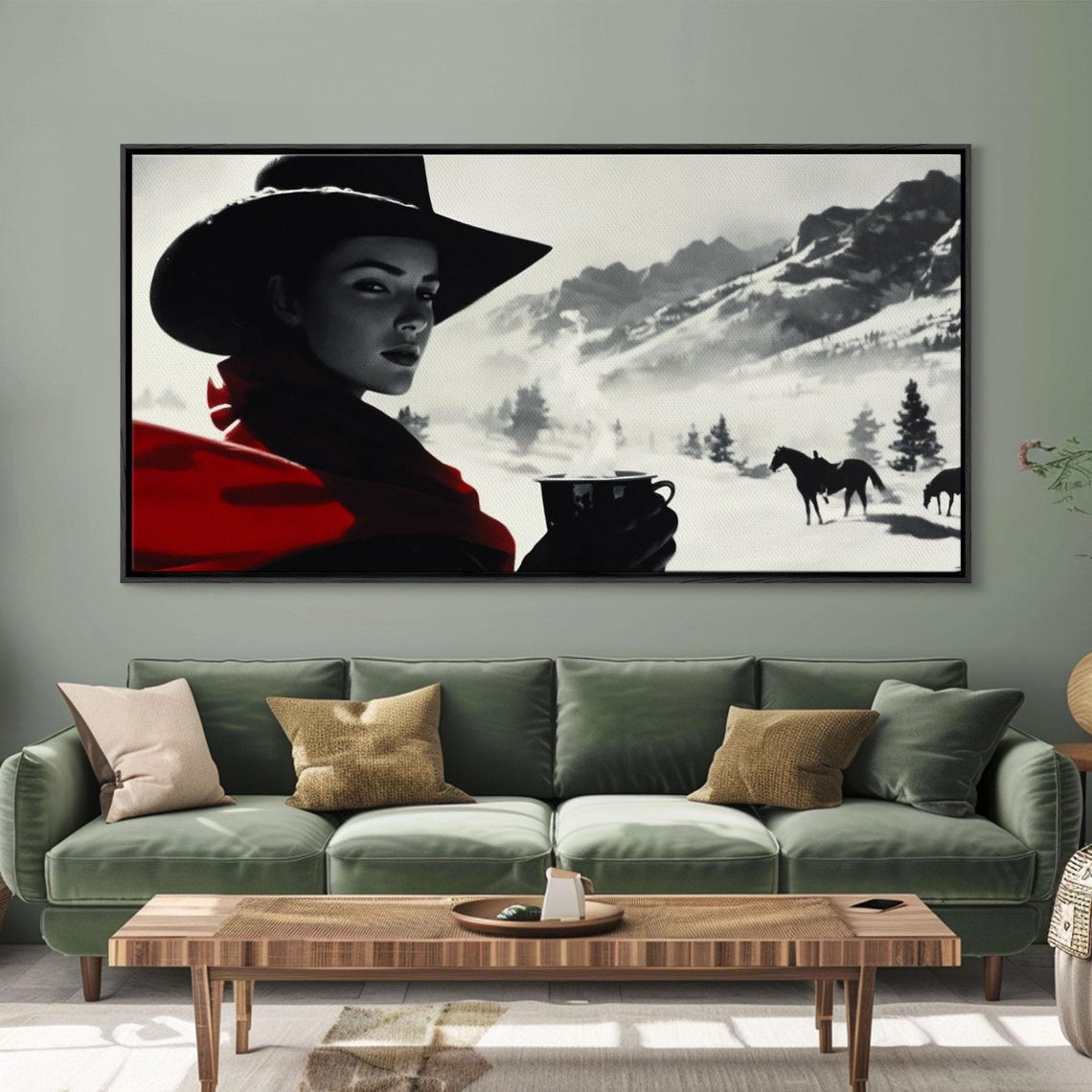 Moody Cowgirl Portrait In Snow With Red Poncho Black And White Poster