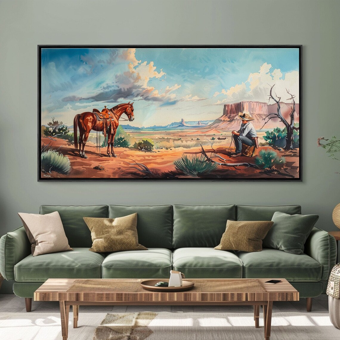 Cowboy Resting Beside Horse Red Desert Mesa Western Painting Poster - Image 3