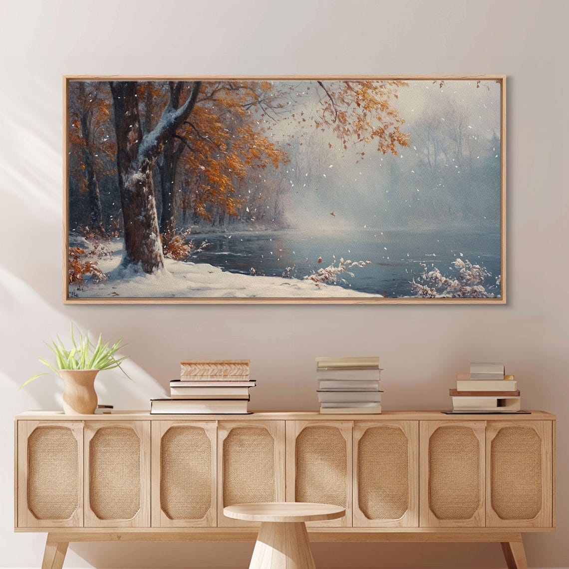 Autumn Lake Scene Golden Trees Falling Snow Icy Water Poster - Image 3