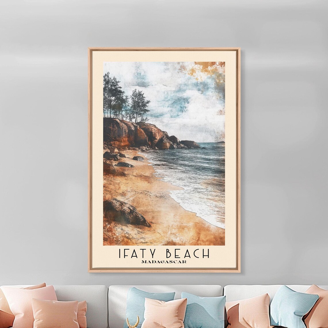 Ifaty Beach Madagascar Rocky Shore Golden Sand Moody Sky Watercolor Poster - Image 3