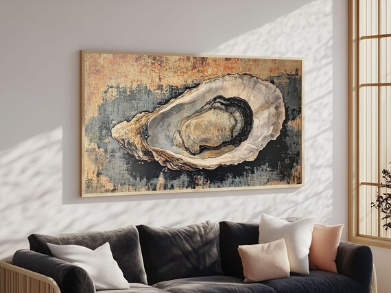 Oyster Shell Painting Textured Blue Ochre Abstract Coastal Wall Art