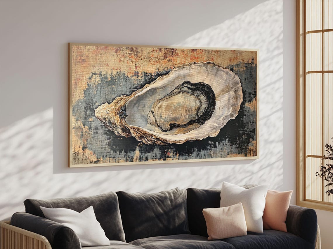 Oyster Shell Painting Textured Blue Ochre Abstract Coastal Wall Art