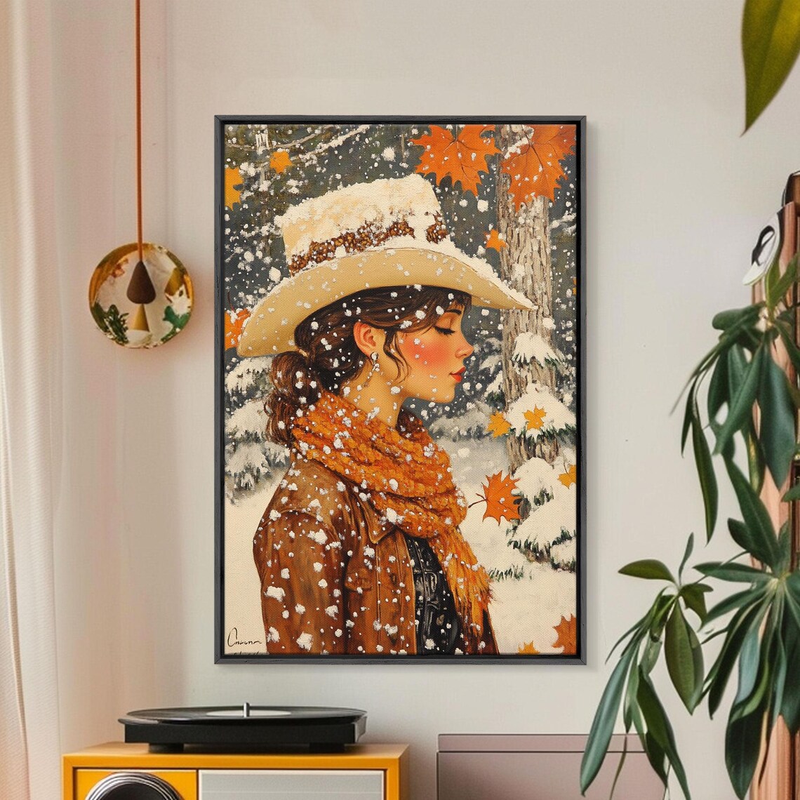 Snowy Cowgirl In Fall Scene Print Seasonal Holiday Art Rustic Christmas Decor Farmhouse Wall Art Winter Wonderland Wall Print - Image 4