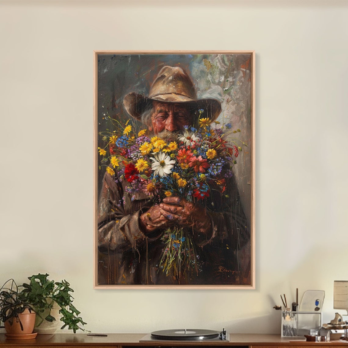 Old Cowboy Smelling Wildflower Bouquet Rustic Portrait Western Poster - Image 4