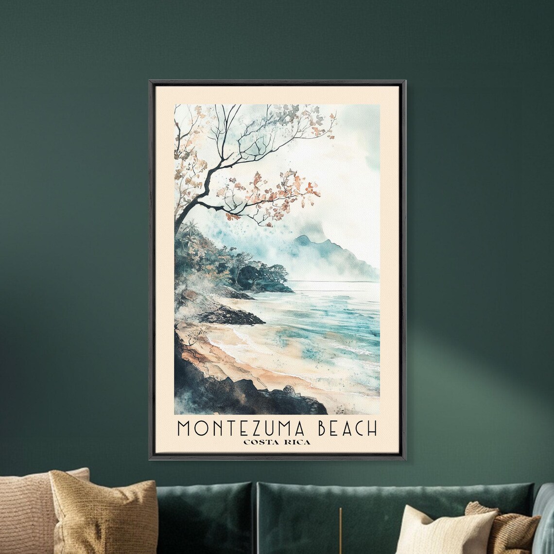 Montezuma Beach Costa Rica Misty Rocky Shore Watercolor Travel Poster - Image 5