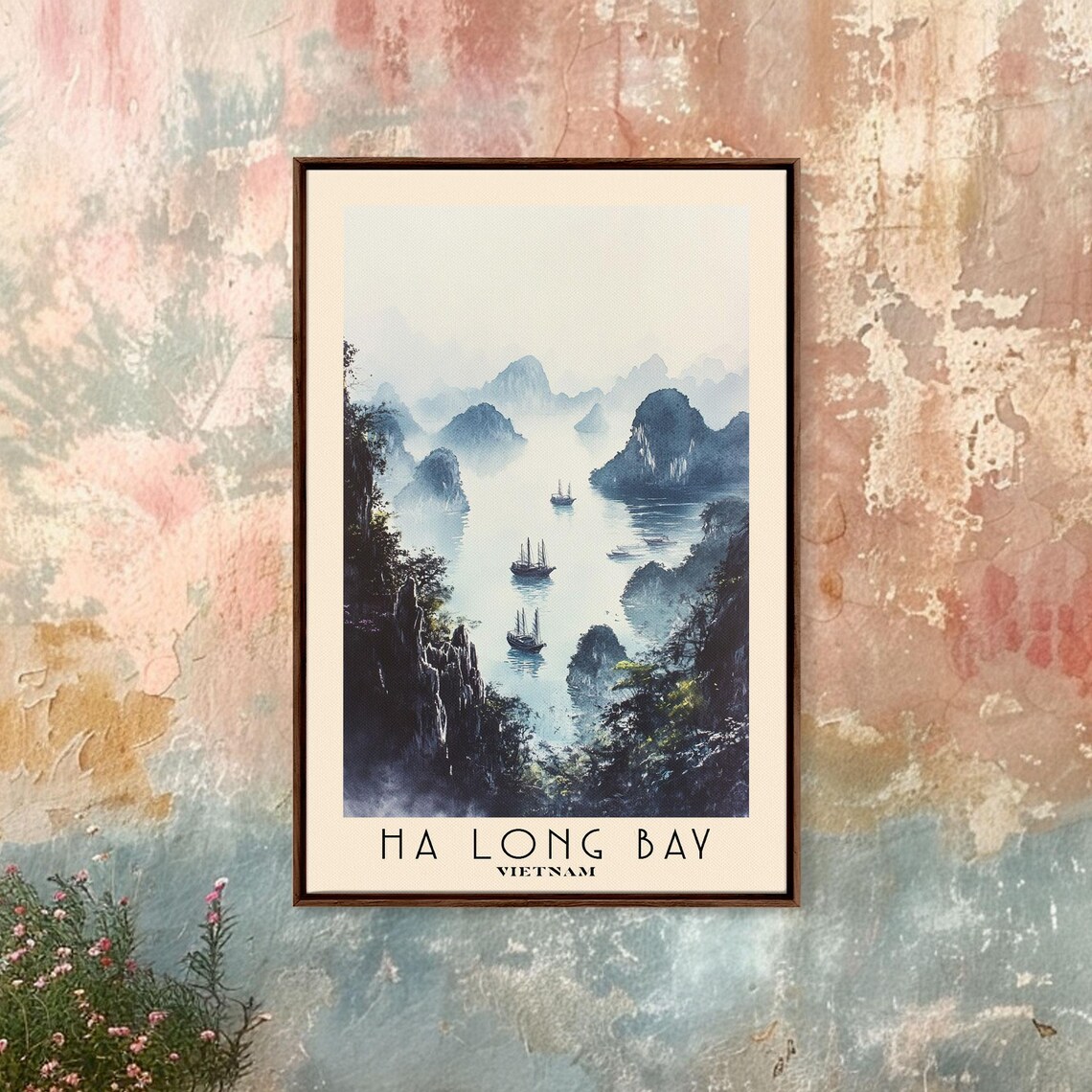 Ha Long Bay Vietnam Misty Limestone Karsts Junk Boats Watercolor Art Poster - Image 4