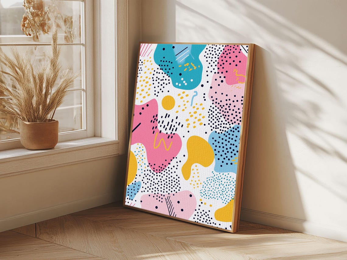 90s Memphis Style Abstract Blobs Dots Pink Blue Yellow Wall Art - Image 4
