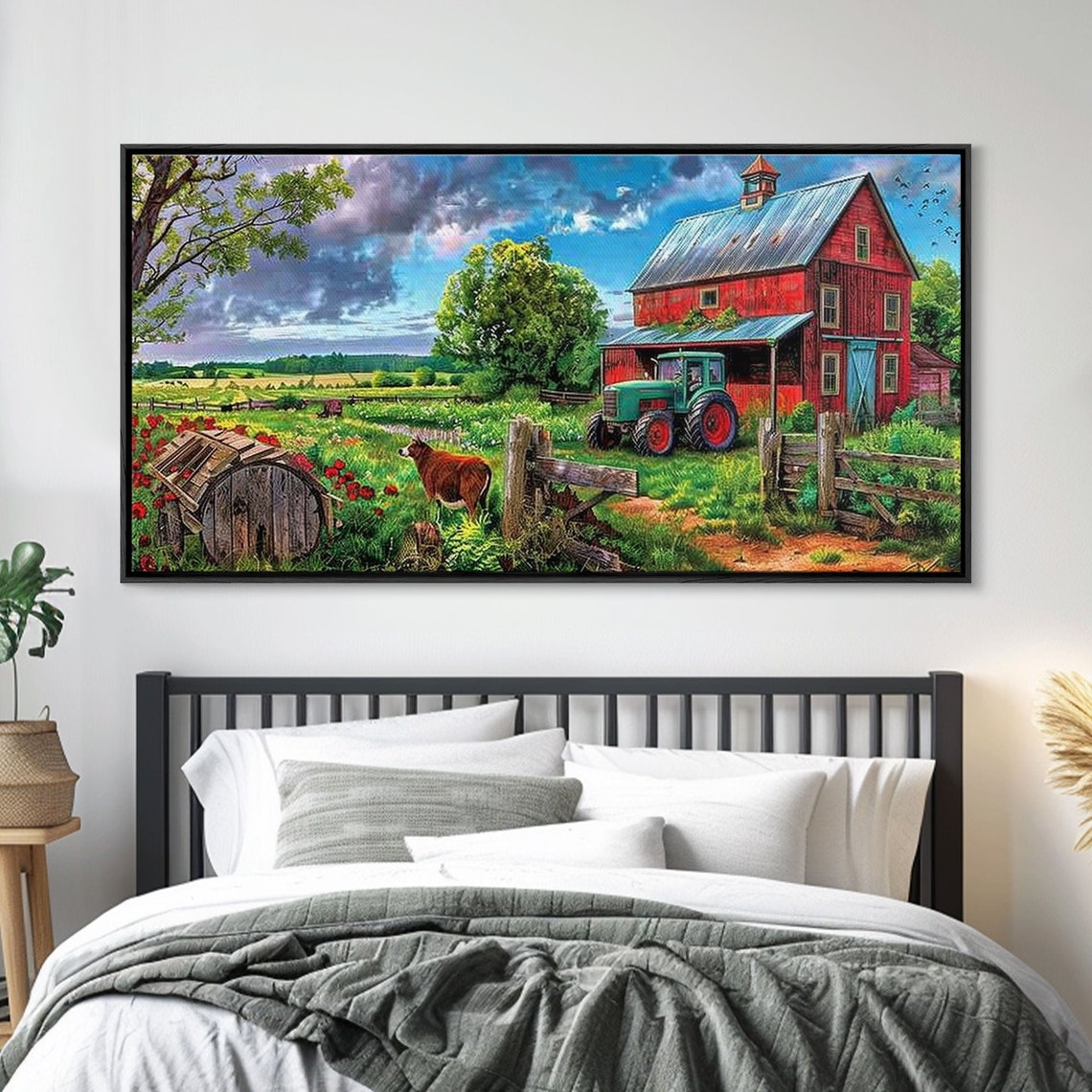 Red Barn Green Tractor Country Farm Scene Cows Pasture Art Poster - Image 3