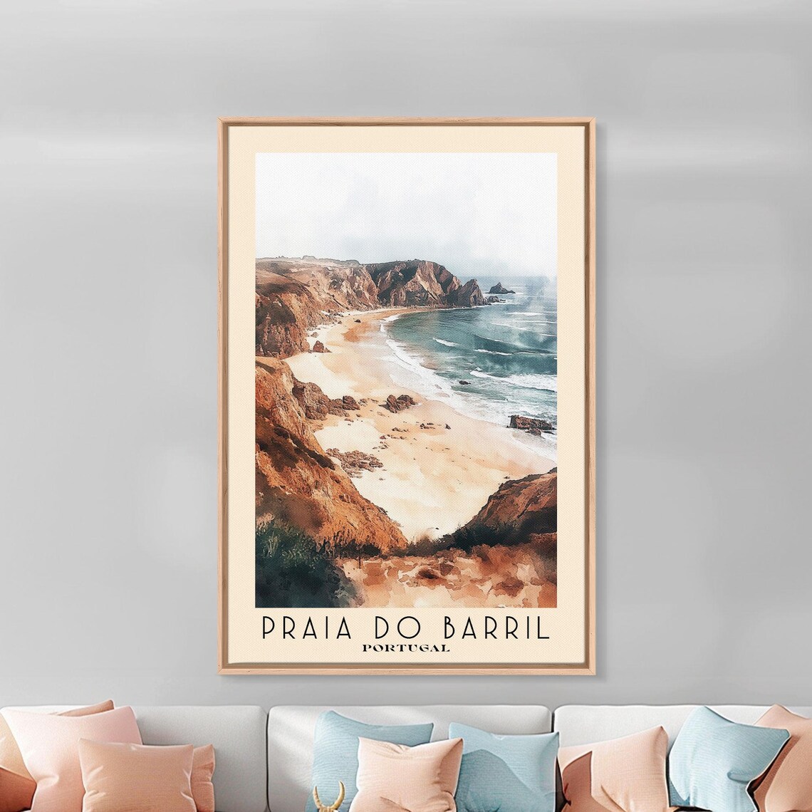 Praia do Barril Portugal Sandy Cove Between Red Cliffs Blue Surf Watercolor Poster - Image 3