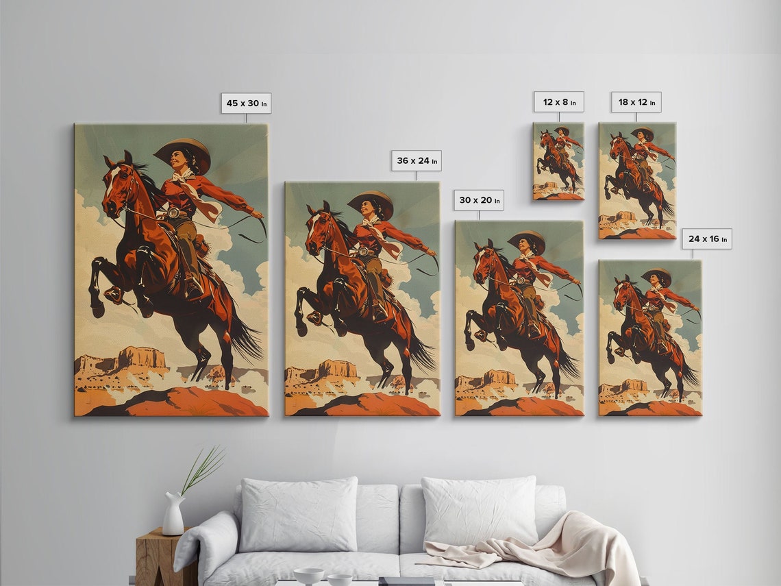 Vintage Cowgirl Riding Rearing Horse Desert Mesa Ranch Poster - Image 2