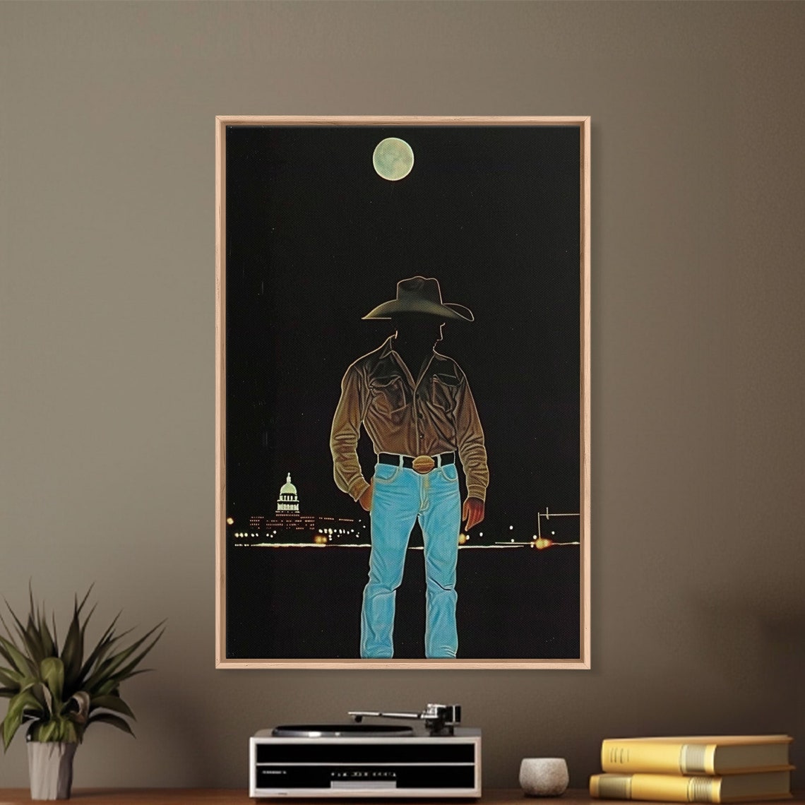 Cowboy Under Full Moon At Night With City Skyline Lights Art Poster - Image 4