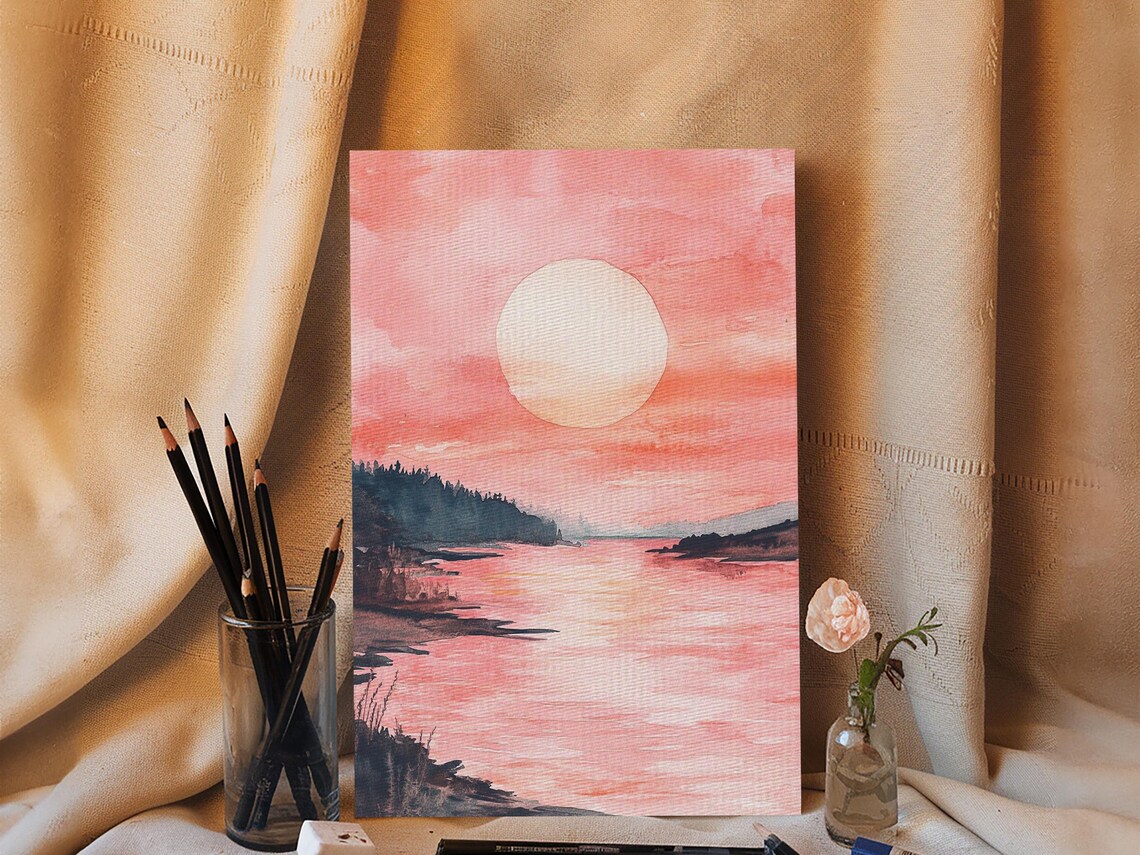 Pink Sunset Lake Watercolor Golden Sun Serene Landscape Art Poster - Image 6