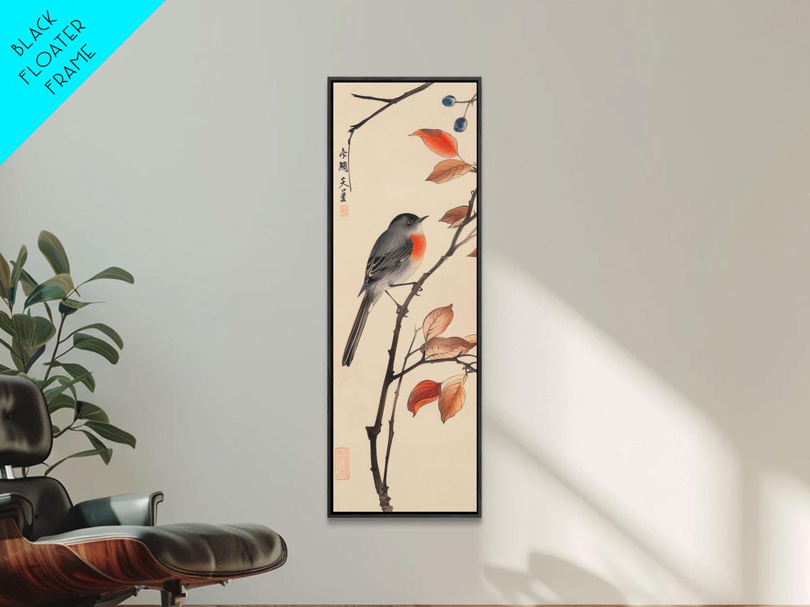 Songbird On Autumn Branch With Red Berries Vintage Woodblock Wall Art - Image 3