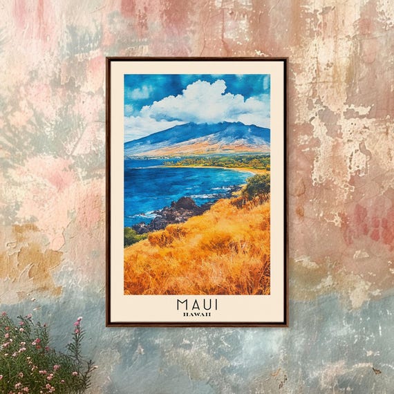 Maui Hawaii Watercolor Print Vacation Gift Hawaii Wall Art Beach Painting Beach Decor Large Wall Art Wood Frame Art