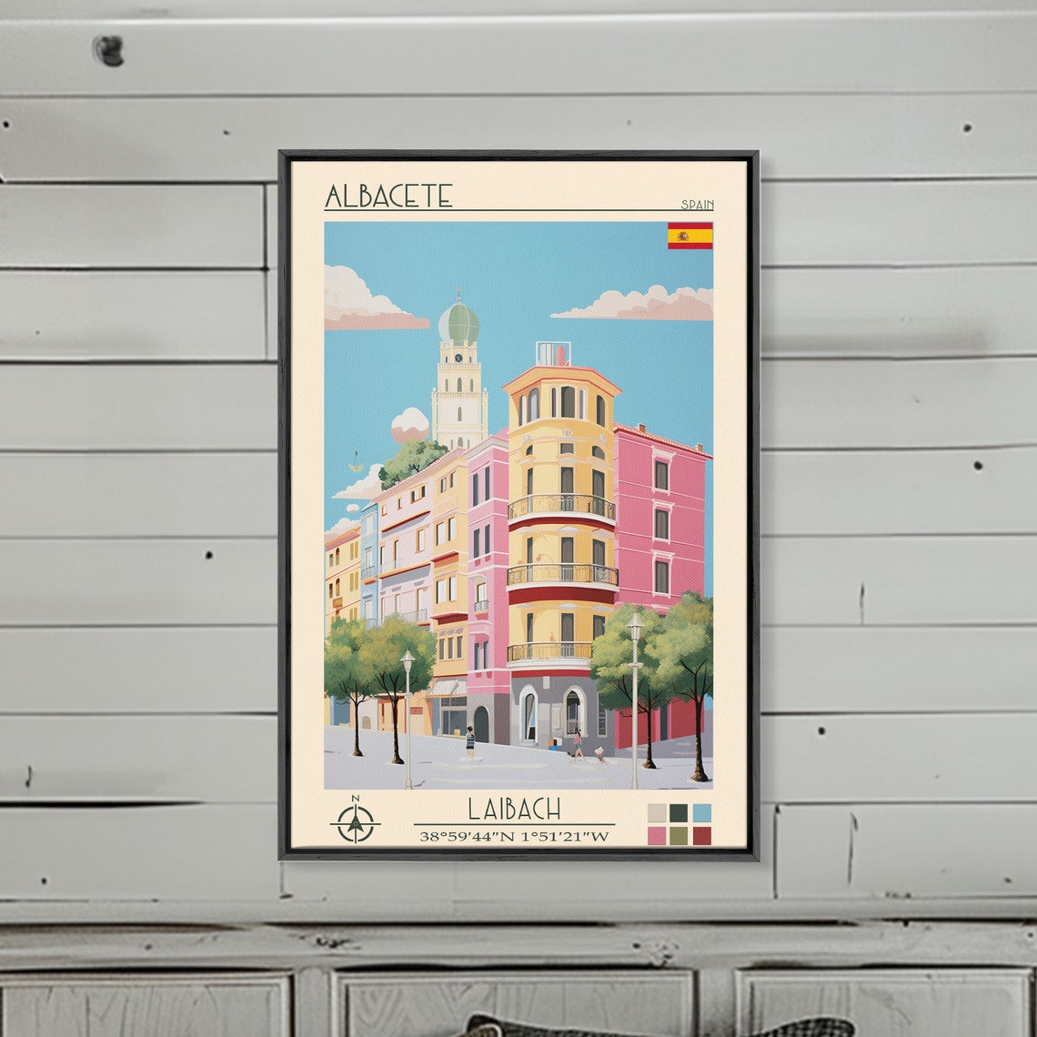 Albacete Spain Pastel Apartment Block Church Tower City View Poster