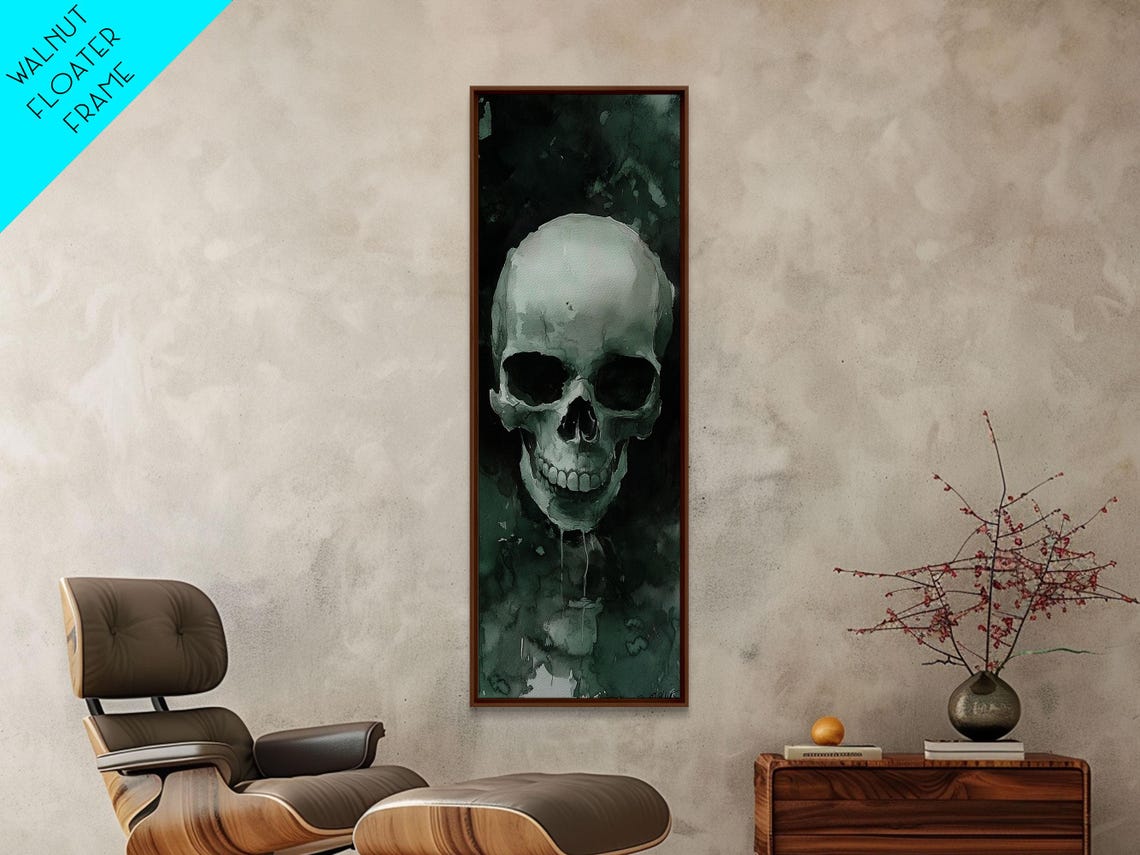 Human Skull Dark Green Smoky Watercolor Gothic Memento Mori Art Poster - Image 3