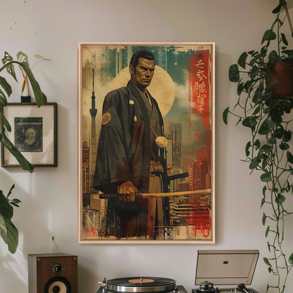 Samurai Warrior Tokyo Cityscape Skytree Gold Moon Modern Wall Art - Image 3