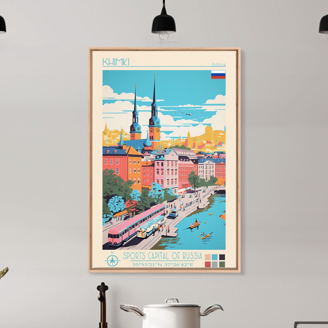 Khimki Russia River Promenade Twin Church Spires Kayakers View Poster