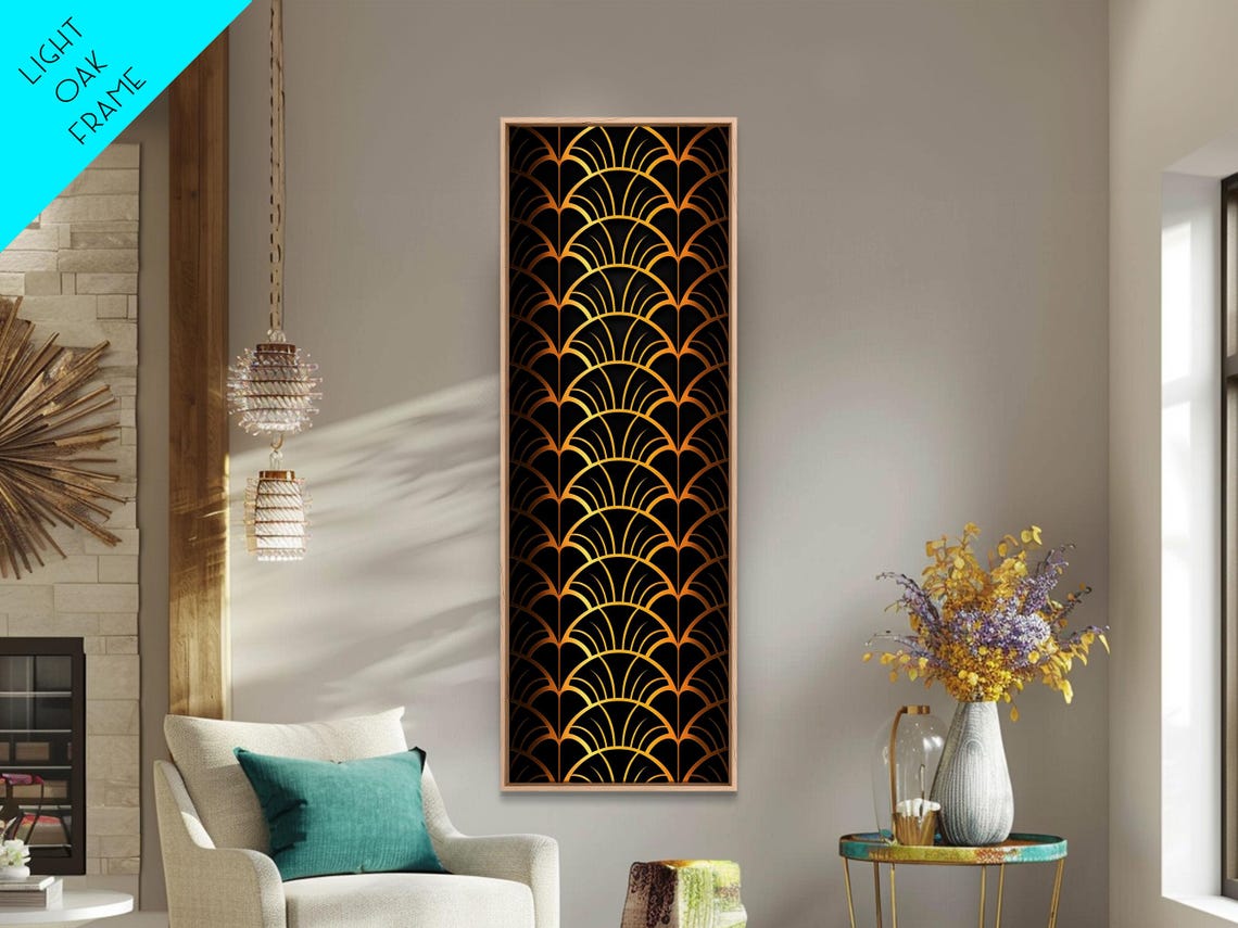 Gold Art Deco Fan Scallop Pattern Black Background Wall Print - Image 2