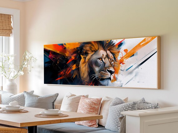 Majestic Lion Head Bold Abstract Orange Black Brushstroke Panoramic Art Print