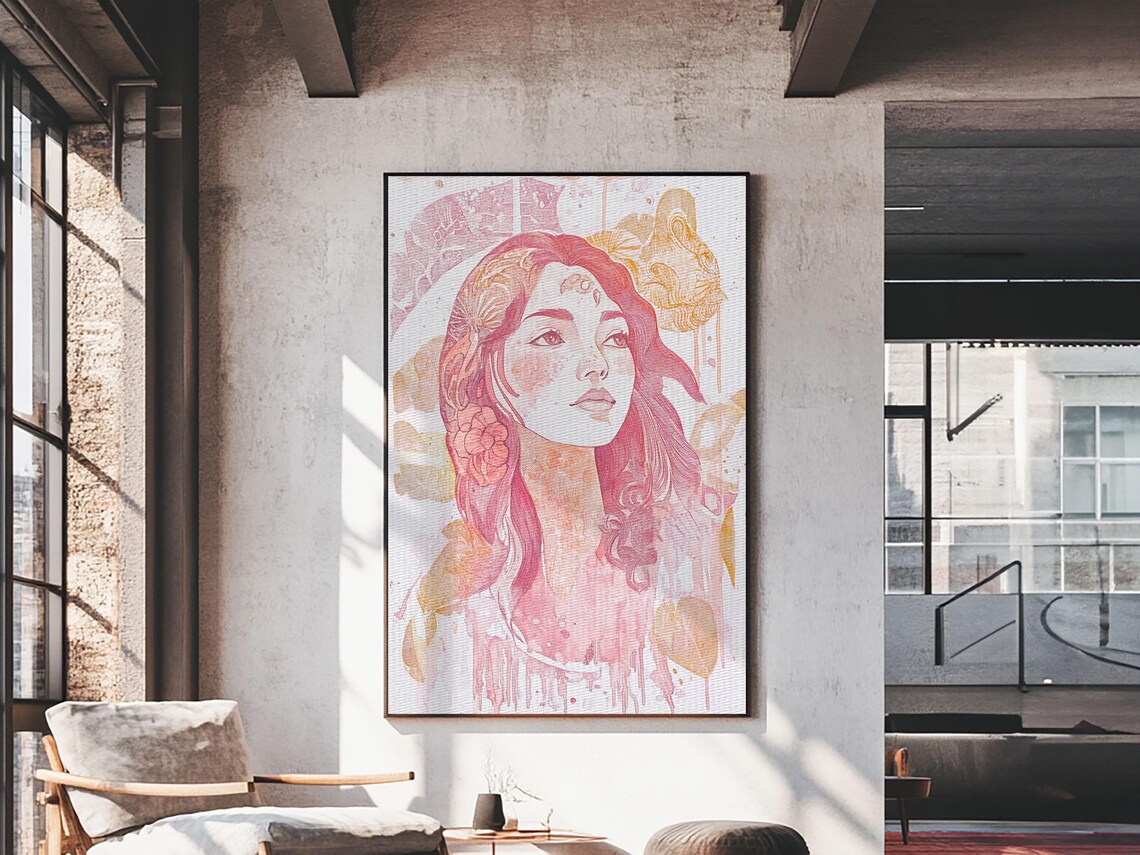 Pink Goddess Portrait Watercolor Floral Feminine Muse Wall Art Poster - Image 3