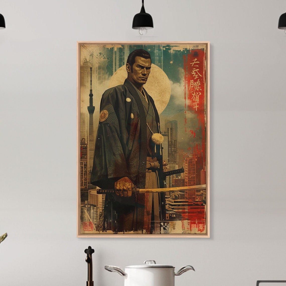 Samurai Warrior Tokyo Cityscape Skytree Gold Moon Modern Wall Art - Image 4