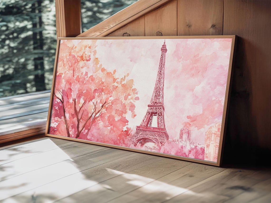 Eiffel Tower Pink Cherry Blossom Watercolor Paris Romantic View Poster - Image 4
