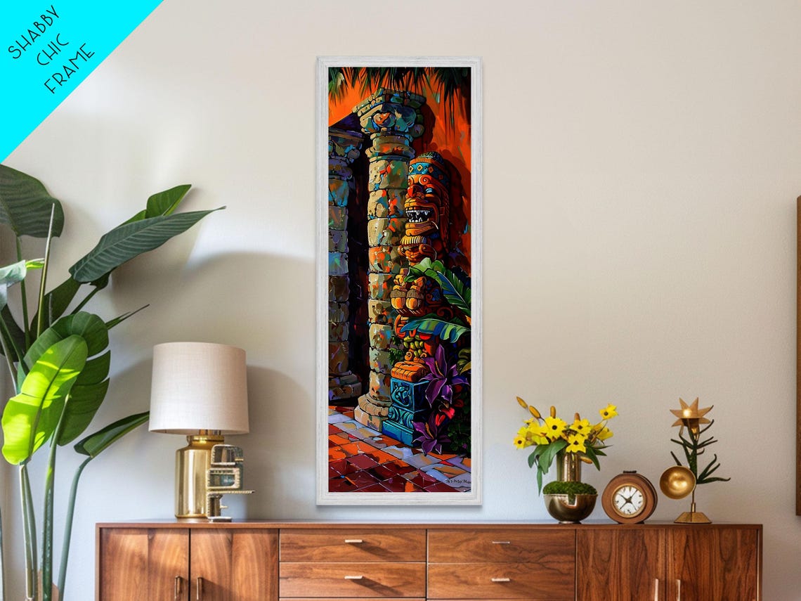 Colorful Tiki Totem Statue Tropical Sunset Courtyard Wall Art Poster - Image 4