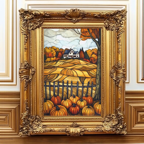Fall Farmhouse Pumpkins Rolling Golden Fields Autumn Landscape Art Print