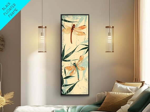 Two Dragonflies With Detailed Wings Hovering Near Bamboo Skinny Art Tall Wall Art Framed Print Japanese Style Art