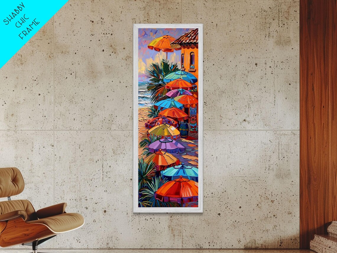 Colorful Beach Umbrellas Tropical Sand Terracotta Building Travel Poster - Image 2