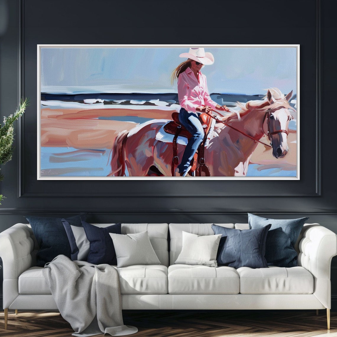 Cowgirl Riding White Horse Beach Pink Shirt White Hat Coastal Wall Art - Image 5