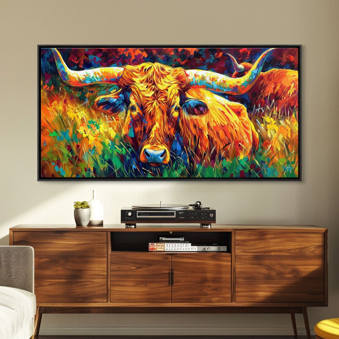Colorful Longhorn Cow Face Close Up Vibrant Impasto Animal Art Poster - Image 3