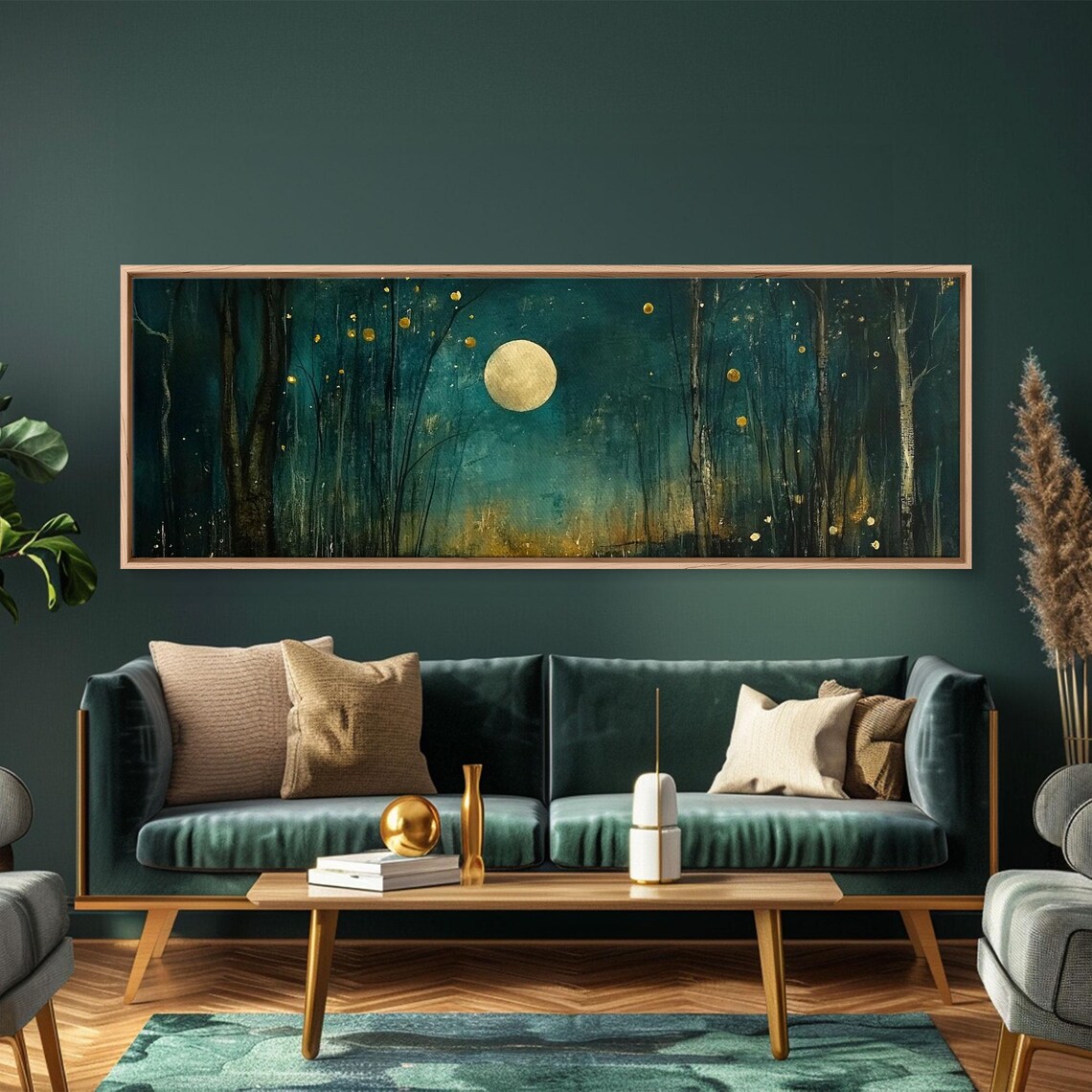 Dark Fantasy Forest At Midnight Framed Print Panoramic Wall Art Extra Wide Mystical Midnight In The Evil Forest Painting - Image 3
