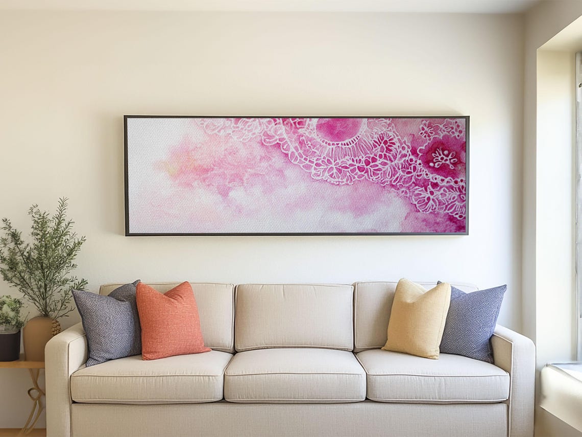 Delicate Pink Lace Doily Watercolor Floral Pattern Panoramic Art Print - Image 4