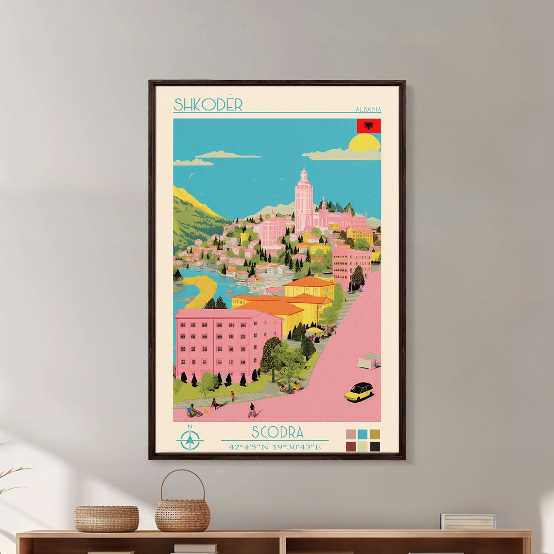 Shkoder Albania Lakeside Old Town Clock Tower Hills View Travel Poster - Image 3